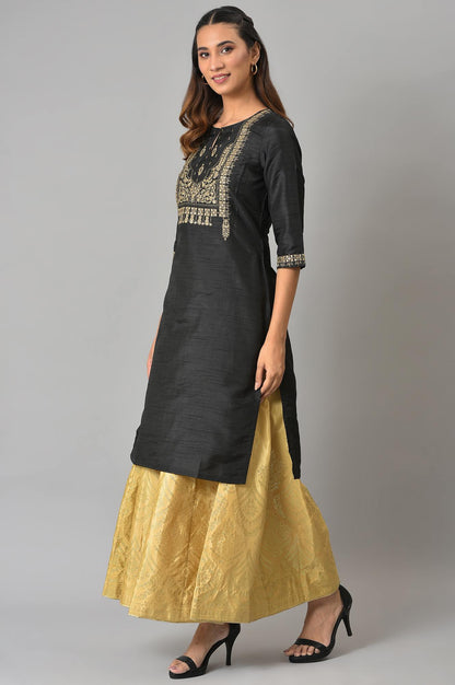 Black Solid Festive kurta with Metallic Embroidery