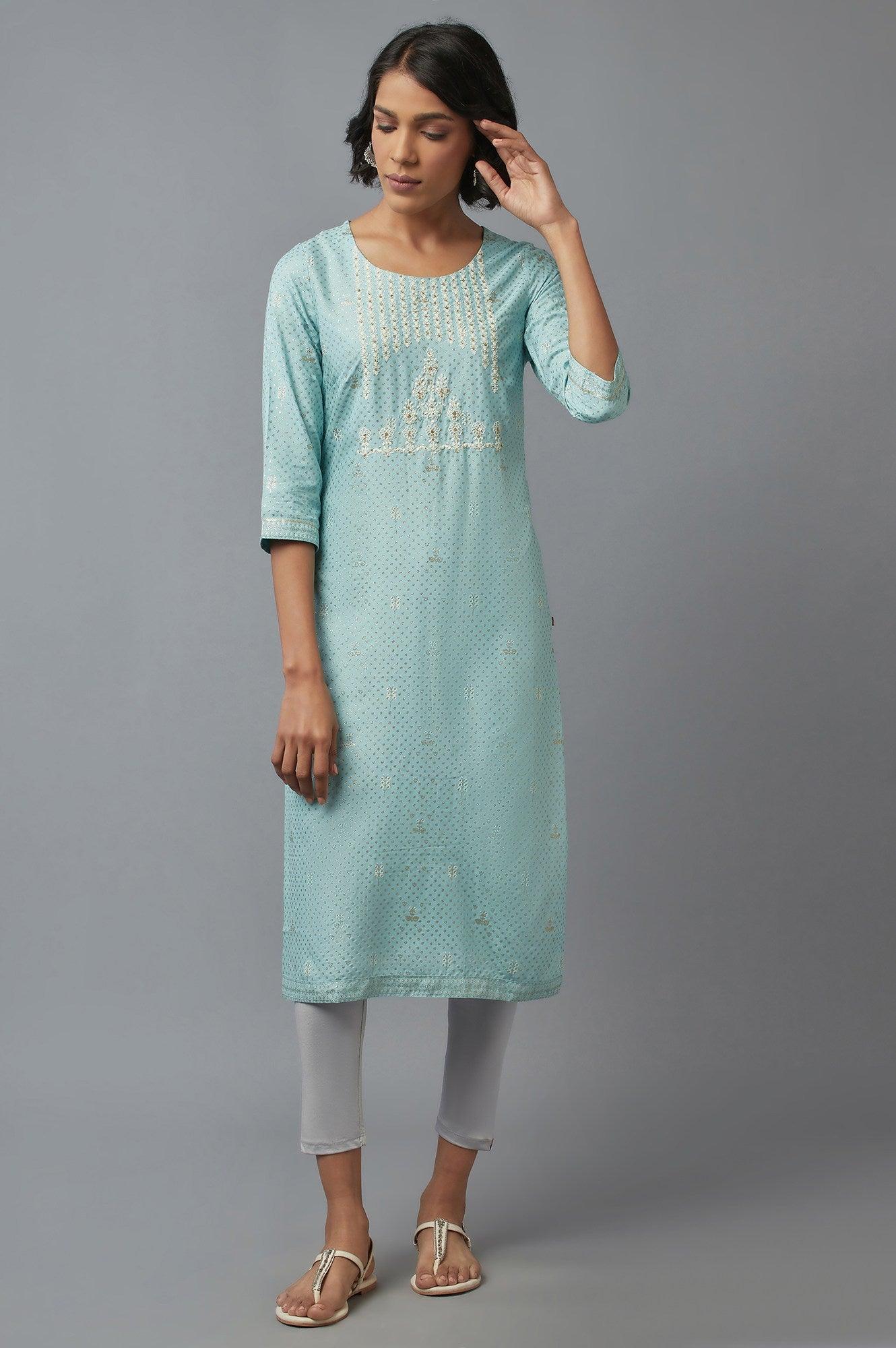 Light Blue Floral Print kurta in Round Neck with Dori Embroidery - wforwoman