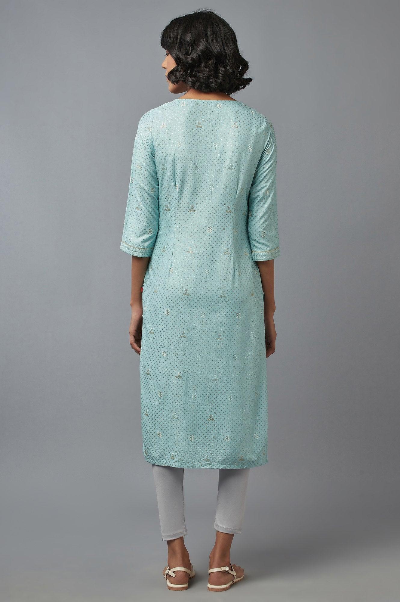 Light Blue Floral Print kurta in Round Neck with Dori Embroidery - wforwoman