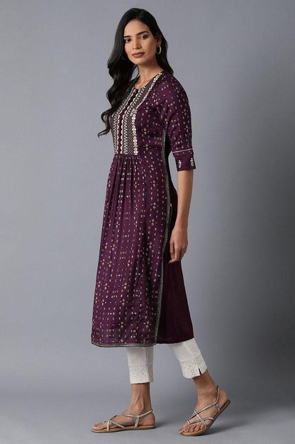 Dark Purple Embroidered kurta - wforwoman