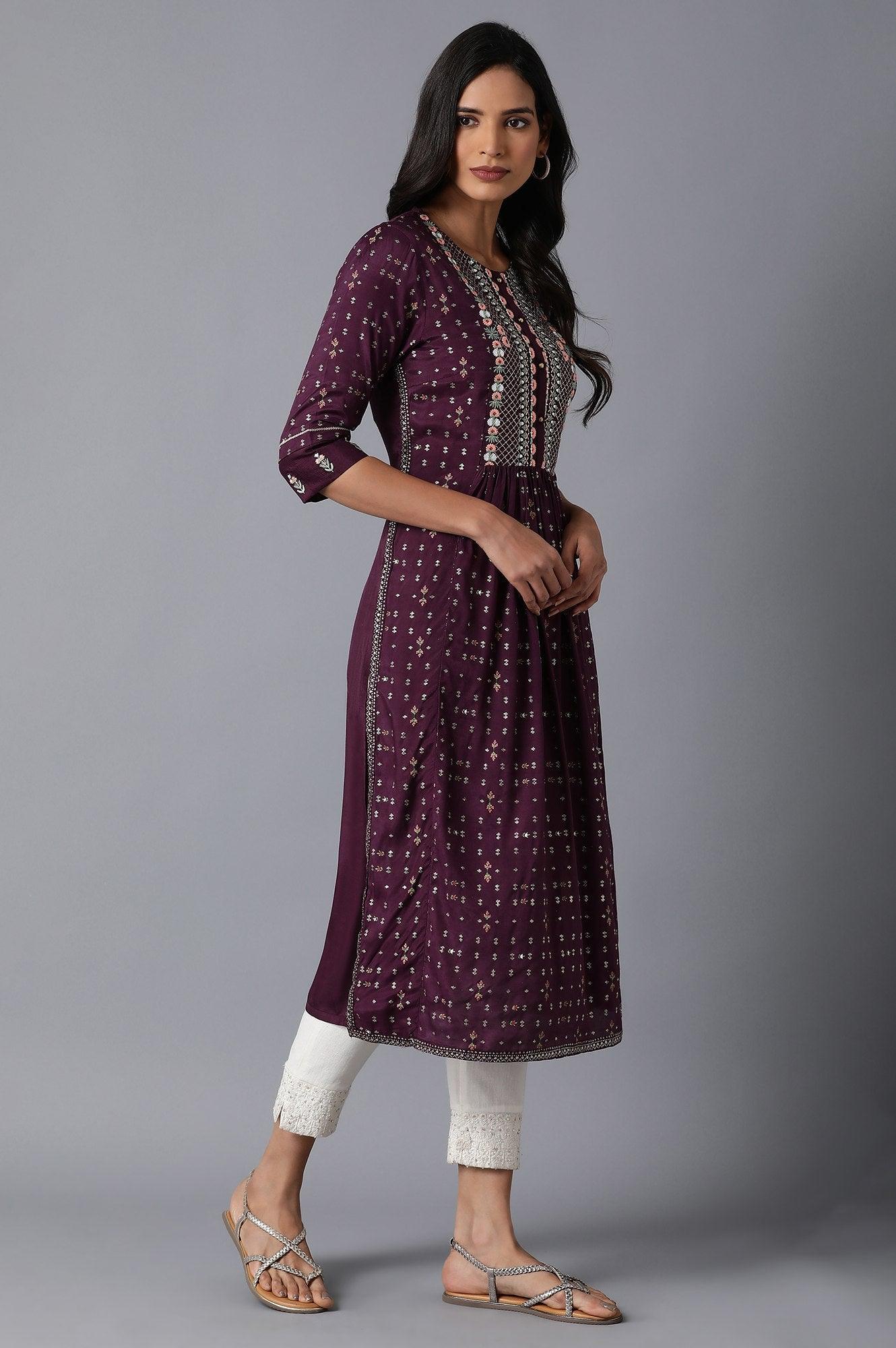 Dark Purple Embroidered kurta - wforwoman