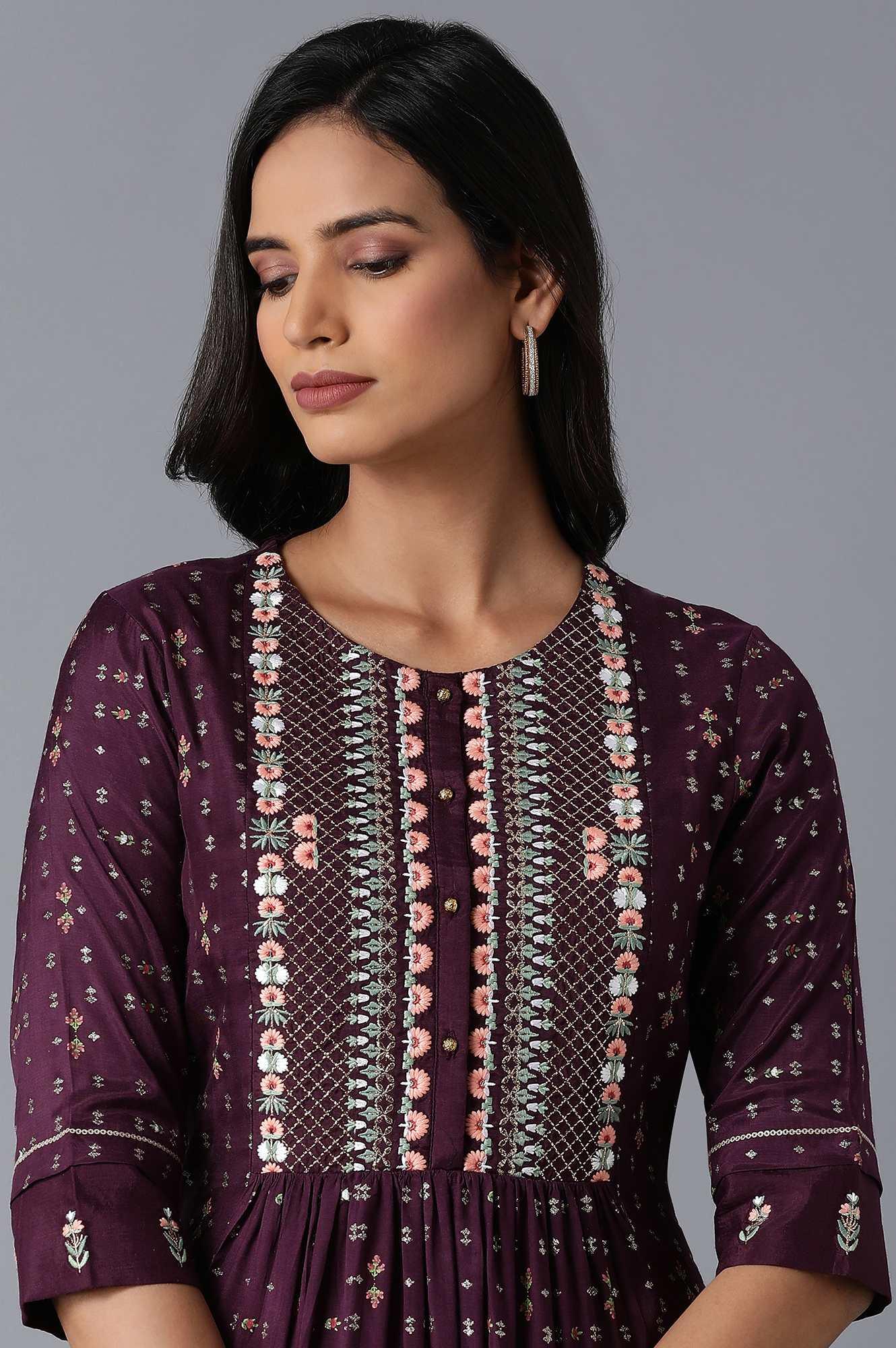 Dark Purple Embroidered kurta - wforwoman