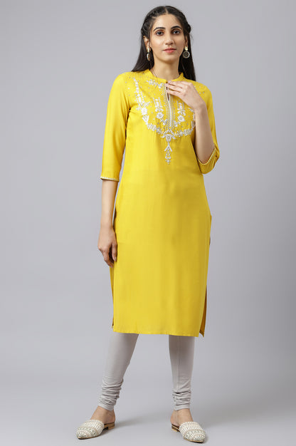 Yellow Embroidered Straight kurta