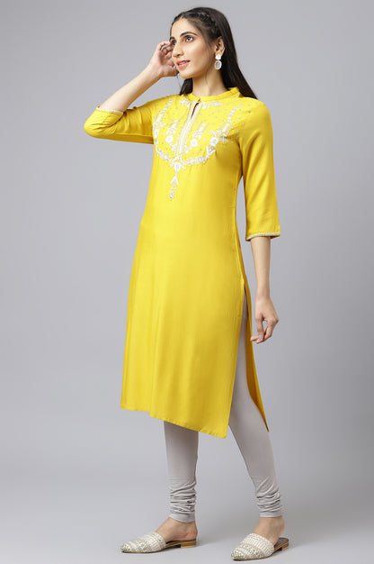 Yellow Embroidered Straight kurta