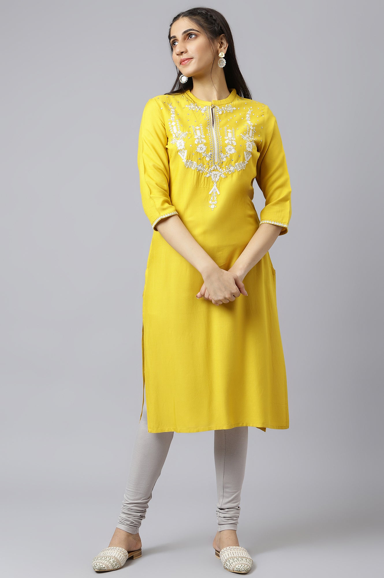 Yellow Embroidered Straight kurta