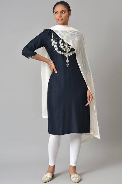 Dark Blue Embroidered kurta With White Tights And Dupatta.