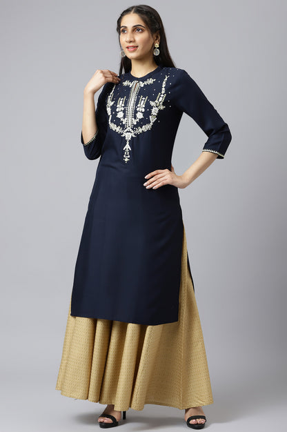 Blue Embroidered Straight kurta