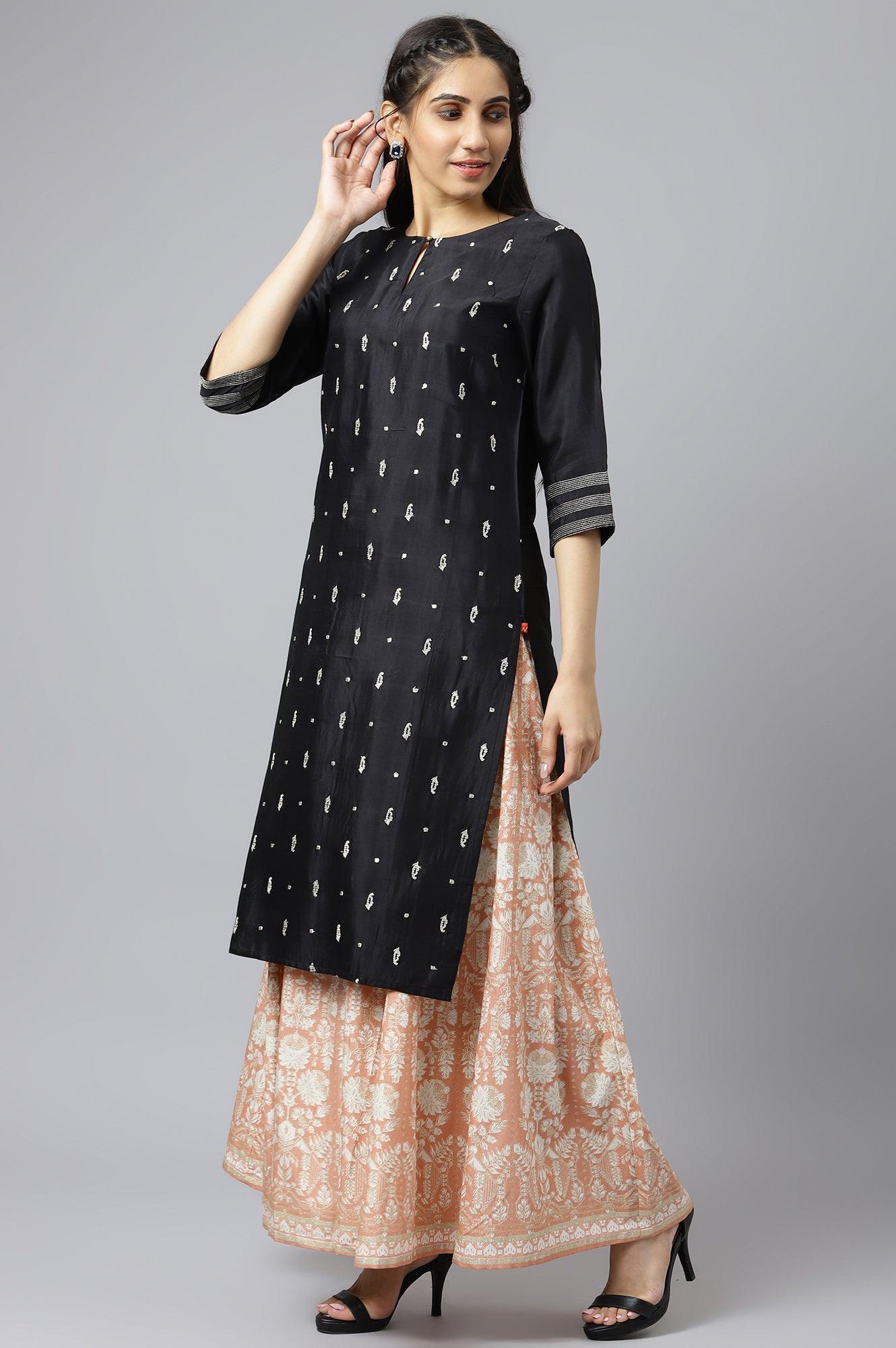 Black Embroidered Festive Straight kurta - wforwoman