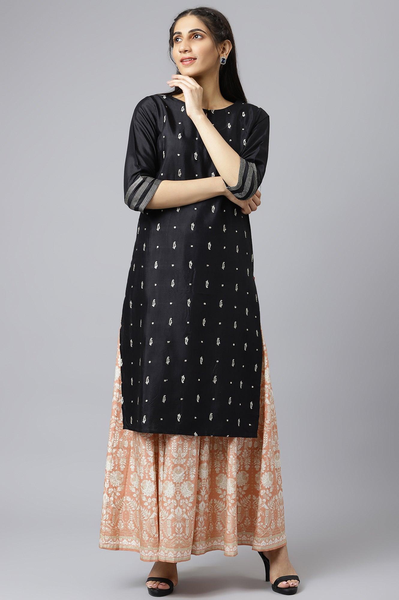 Black Embroidered Festive Straight kurta - wforwoman