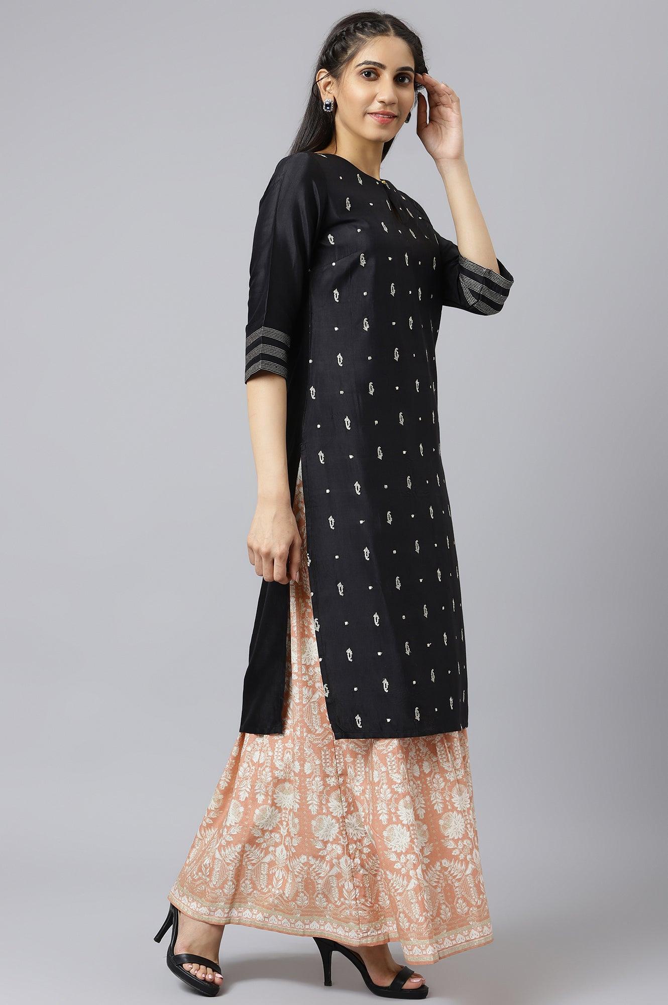 Black Embroidered Festive Straight kurta - wforwoman