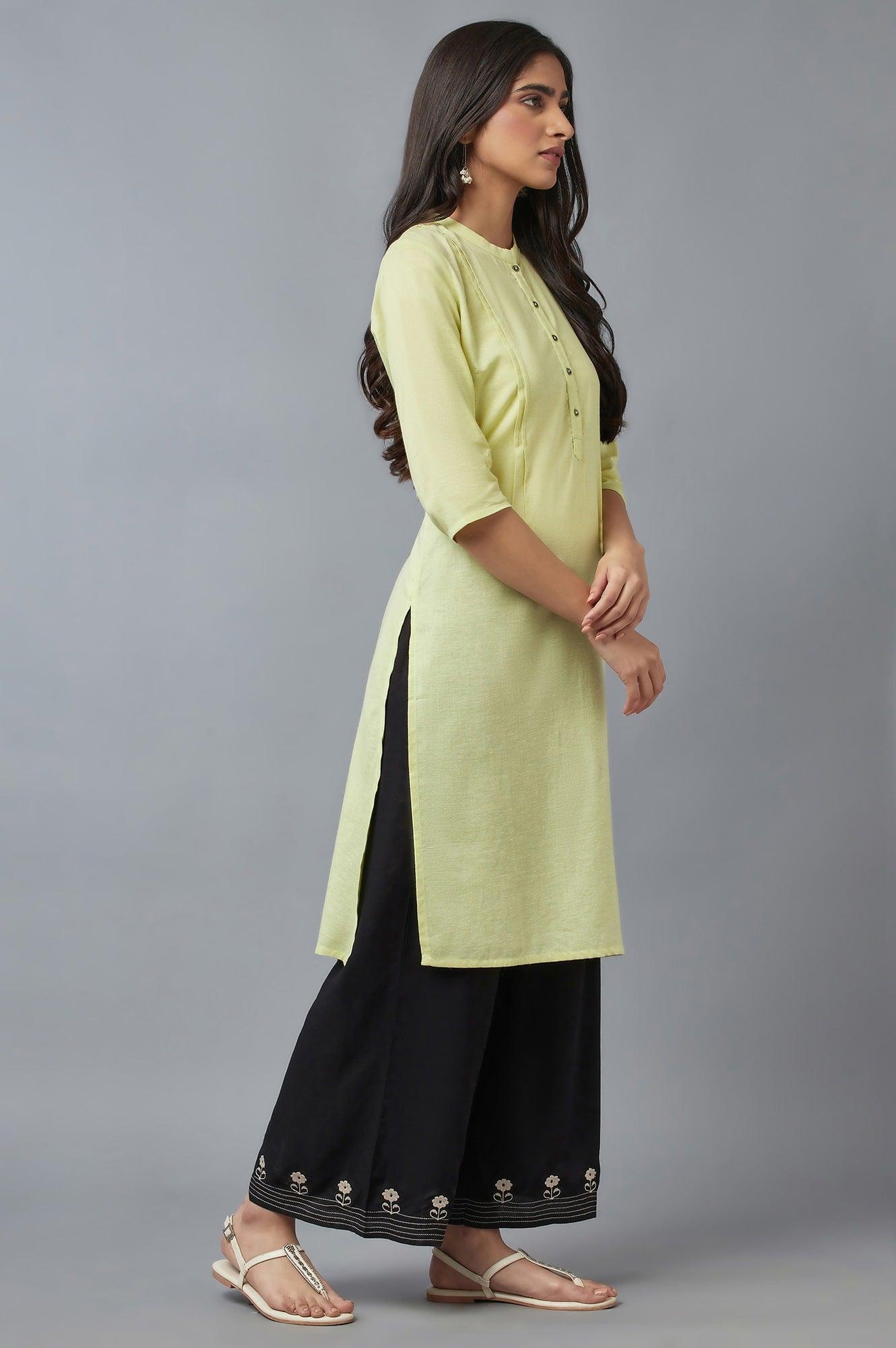 Lime Green Solid Cotton Khadi kurta - wforwoman