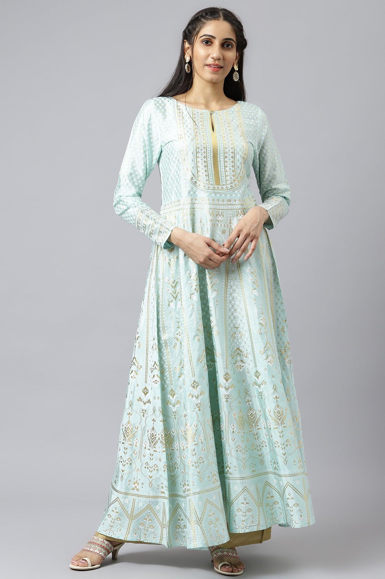 Blue Printed Festive Long Dress - wforwoman