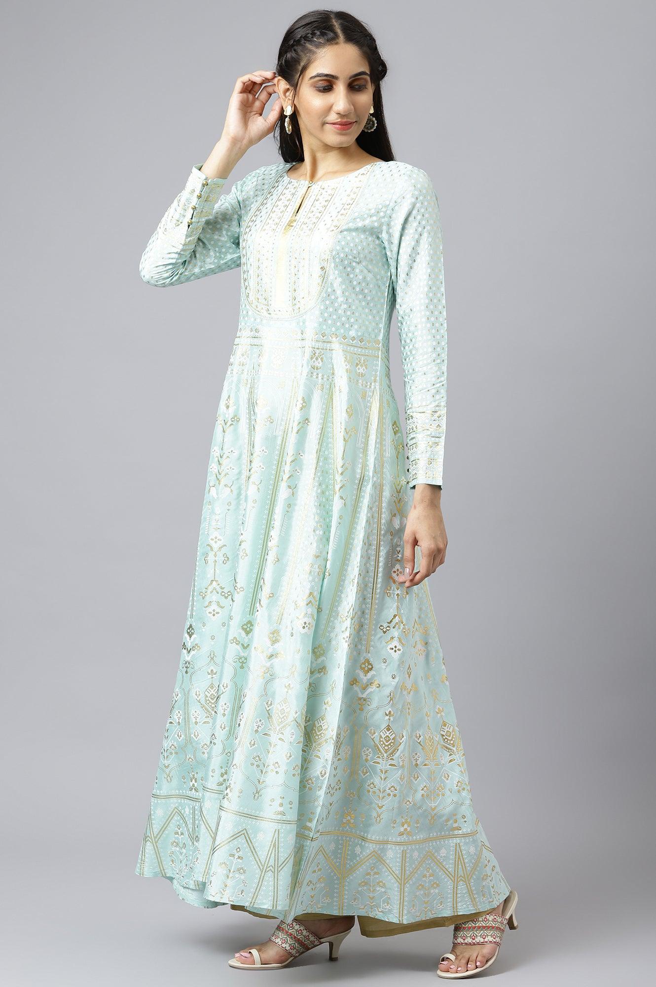 Blue Printed Festive Long Dress - wforwoman