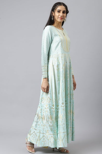 Blue Printed Festive Long Dress - wforwoman