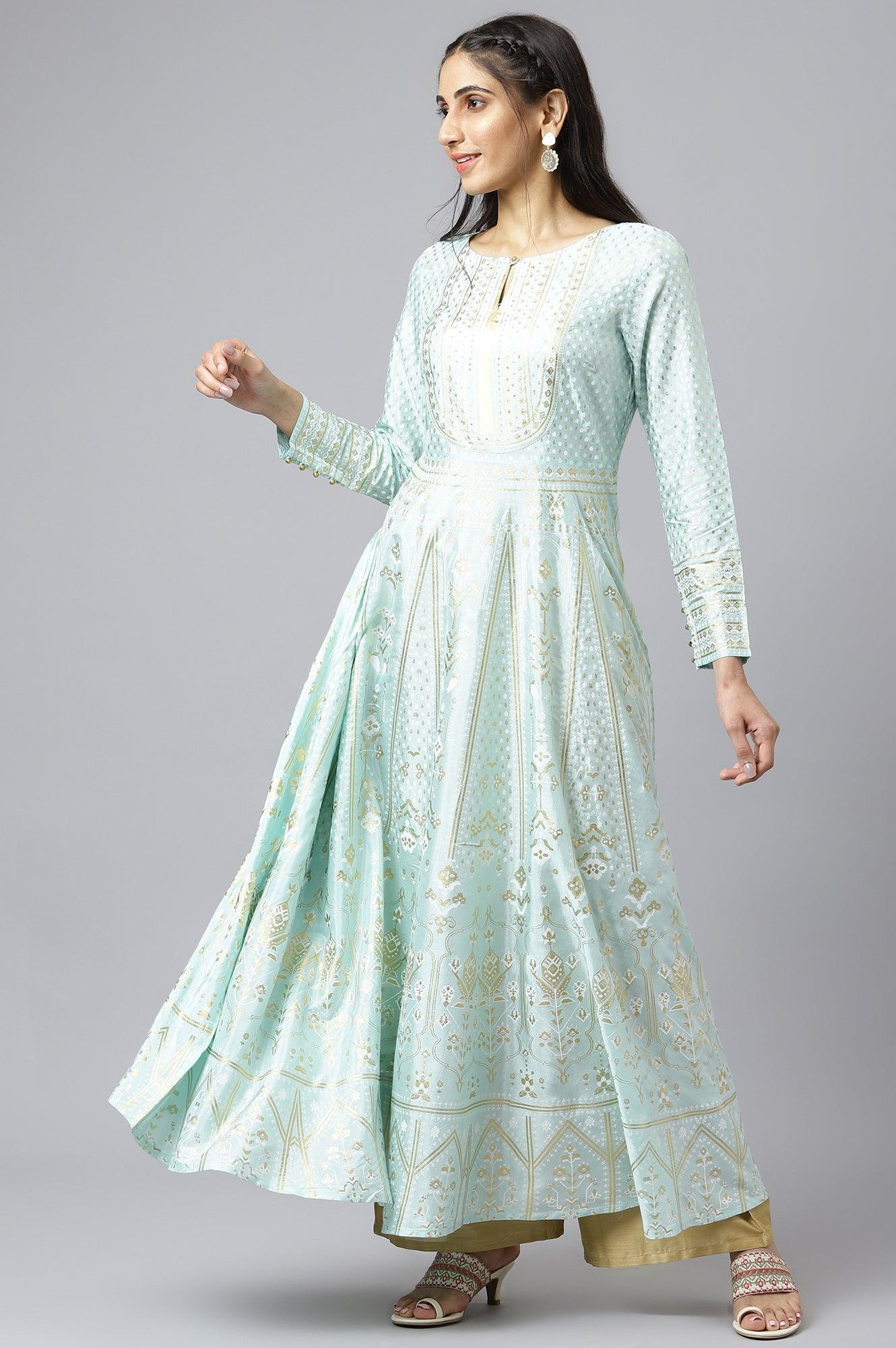 Blue Printed Festive Long Dress - wforwoman