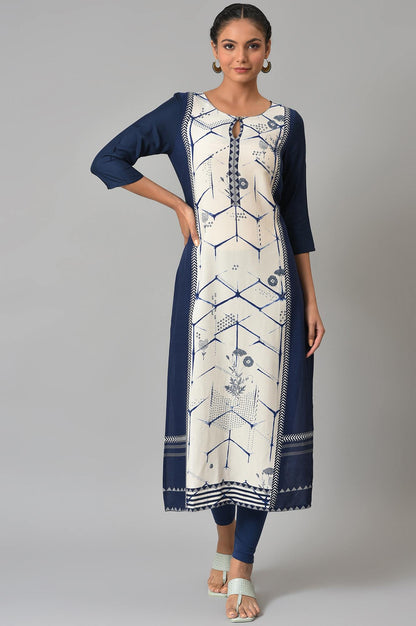 Blue And White Printed Straight kurta