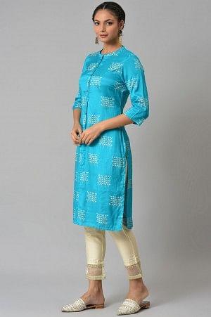 Turquoise Blue Printed kurta - wforwoman