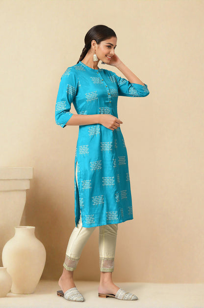 Turquoise Blue Geometric Printed Shantung Straight Kurta