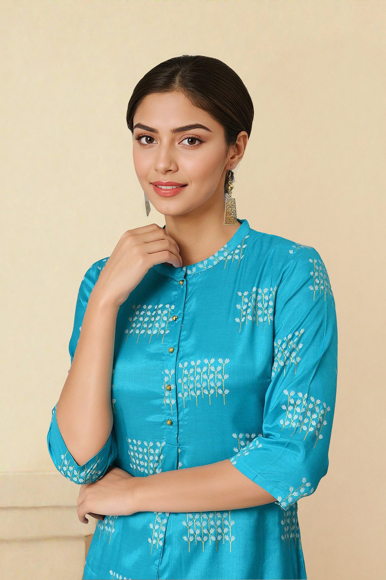 Turquoise Blue Geometric Printed Shantung Straight Kurta