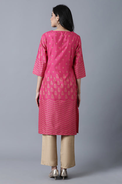 Pink Printed Sequin Festive kurta in Keyhole Neckline