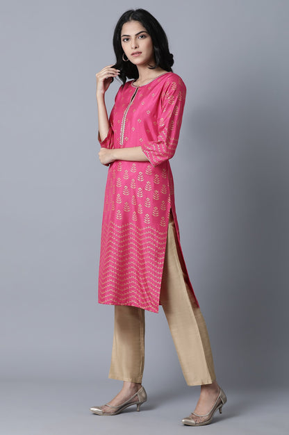 Pink Printed Sequin Festive kurta in Keyhole Neckline