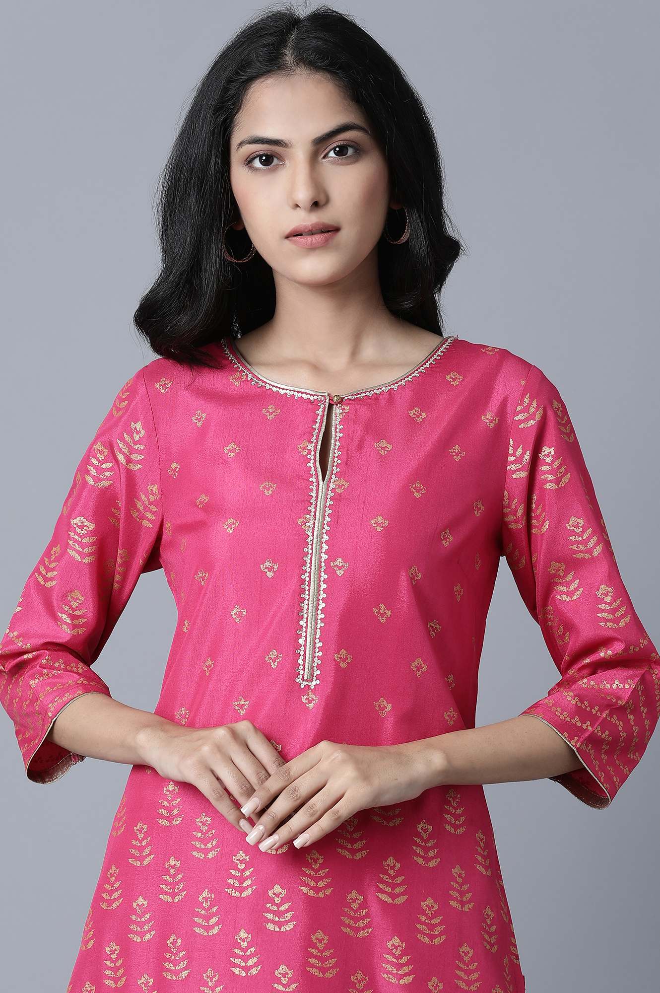 Pink Printed Sequin Festive kurta in Keyhole Neckline