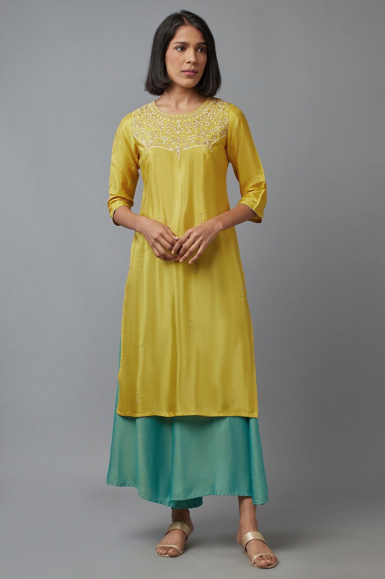 Yellow Embroidered Shantung kurta - wforwoman