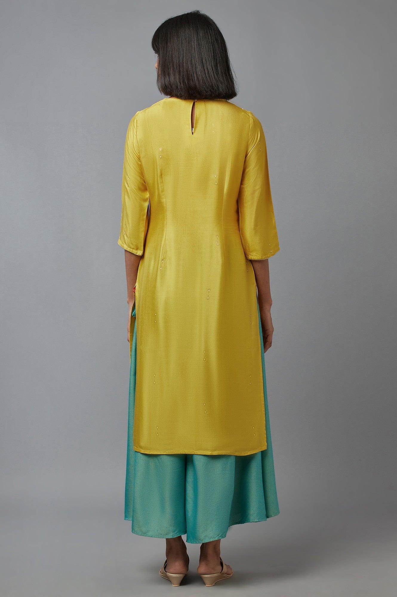 Yellow Embroidered Shantung kurta - wforwoman