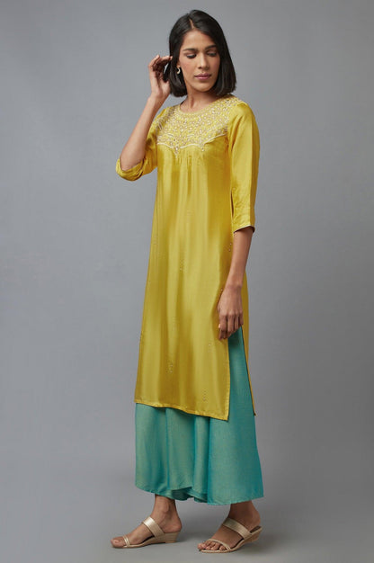 Yellow Embroidered Shantung kurta - wforwoman