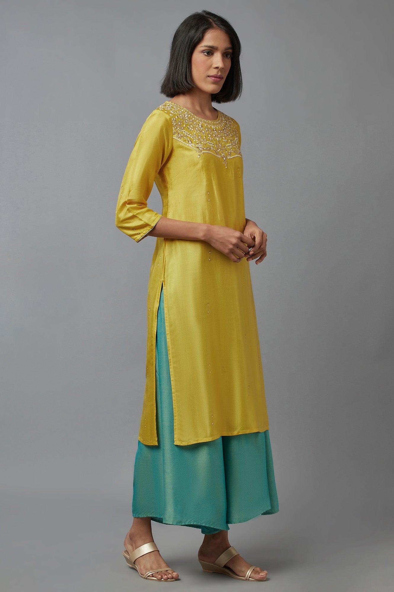 Yellow Embroidered Shantung kurta - wforwoman