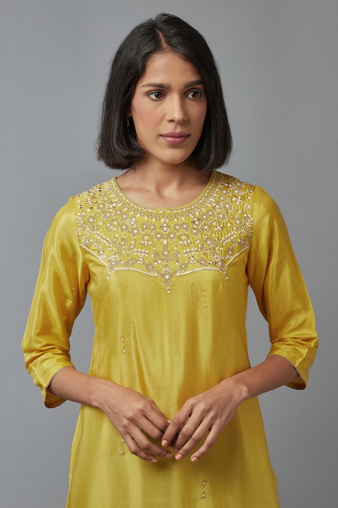 Yellow Embroidered Shantung kurta - wforwoman