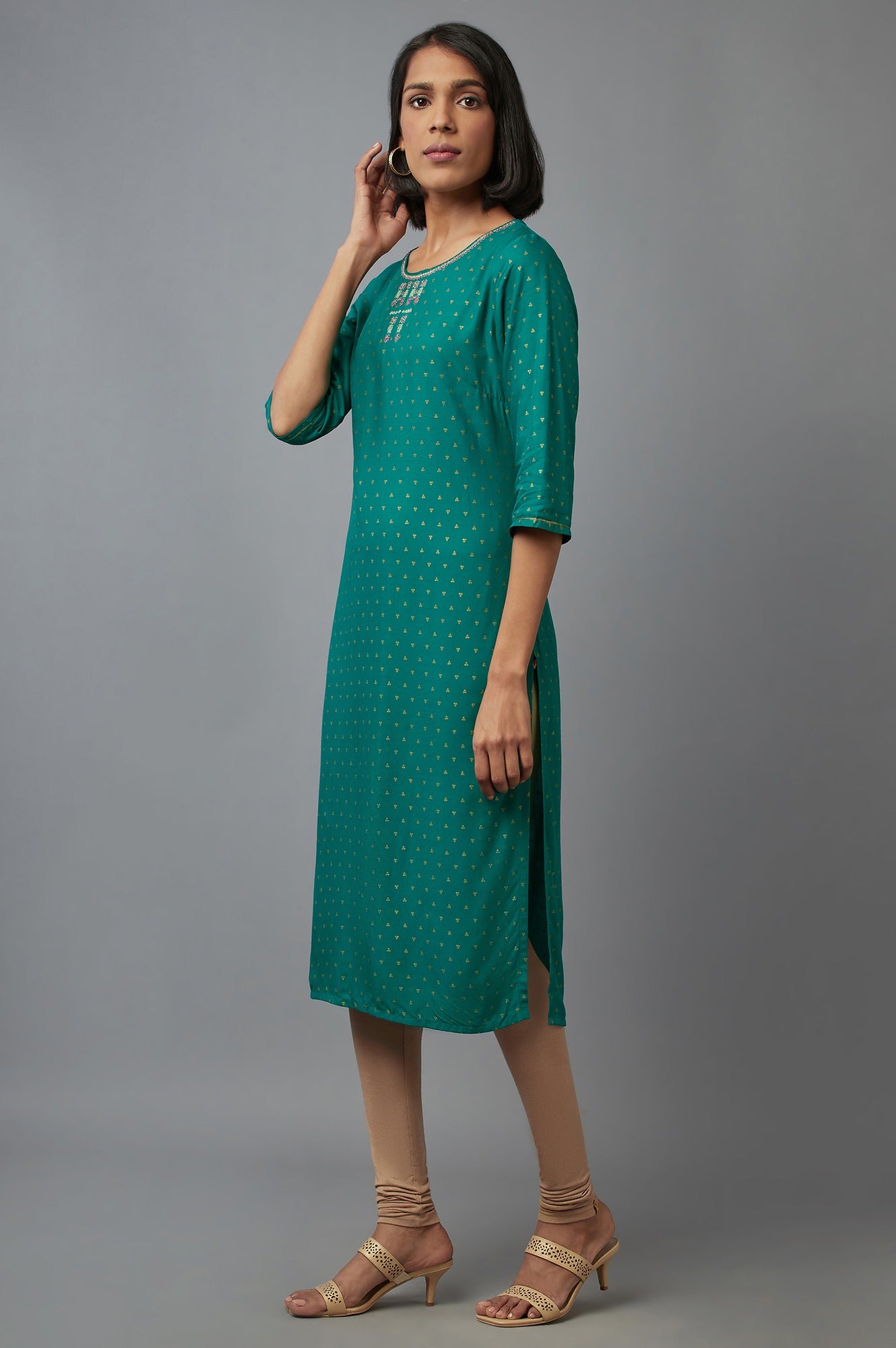 Green Printed Straight kurta