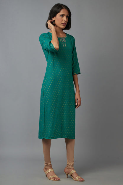 Green Printed Straight kurta