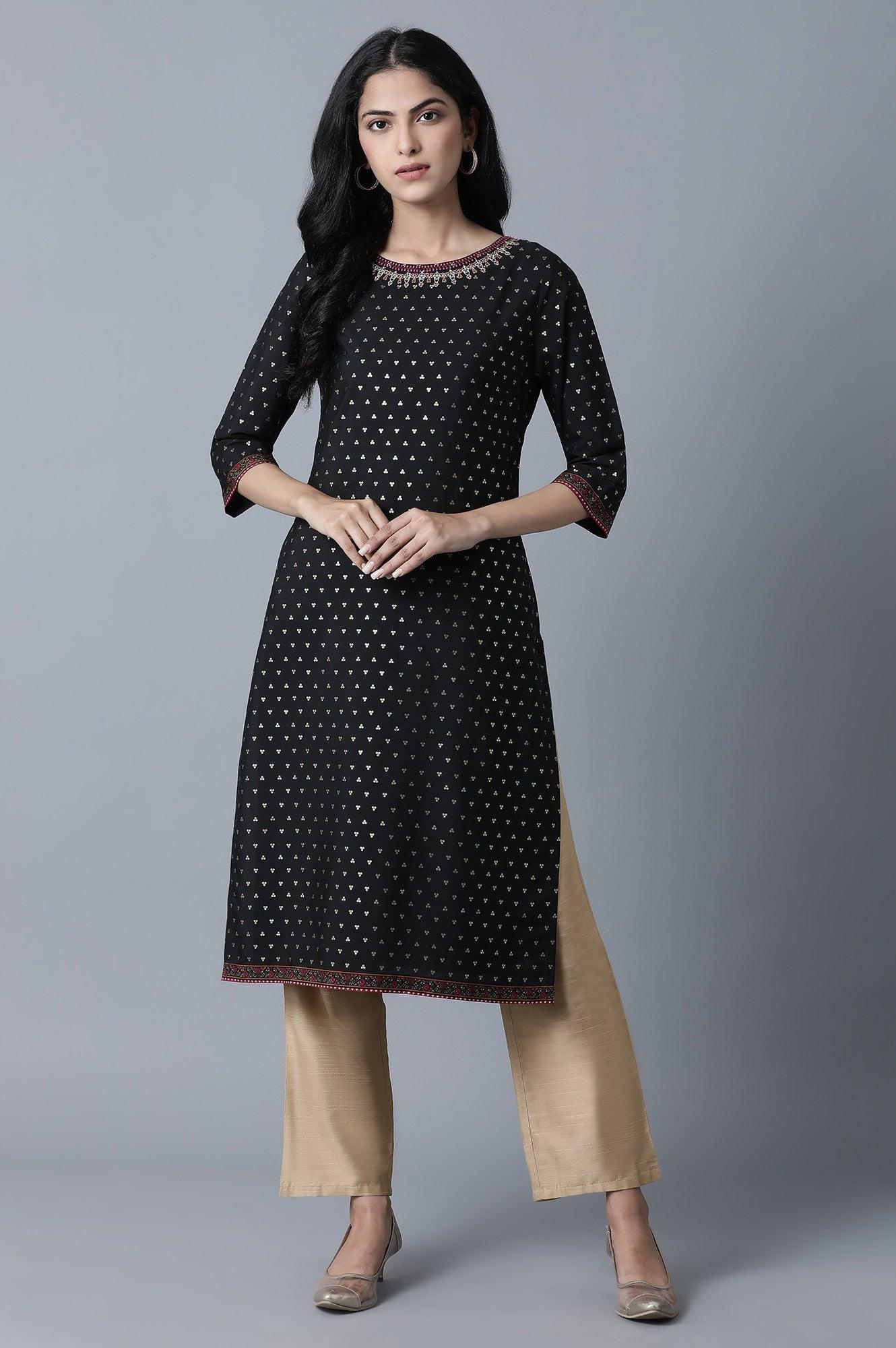 Black Polka Dot Print kurta in Round Neck with Thread Embroidery - wforwoman