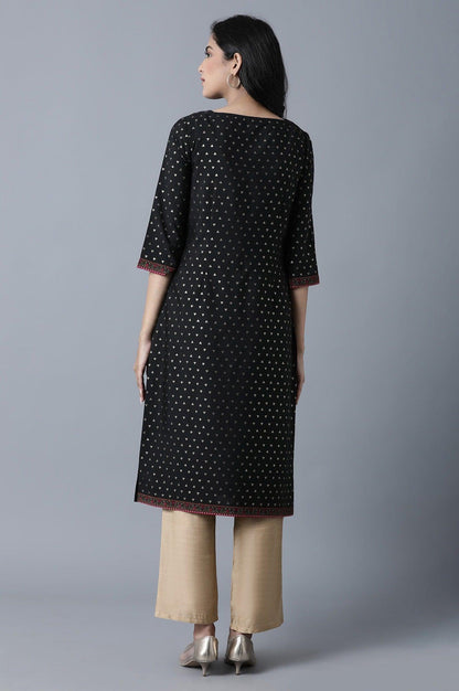 Black Polka Dot Print kurta in Round Neck with Thread Embroidery - wforwoman