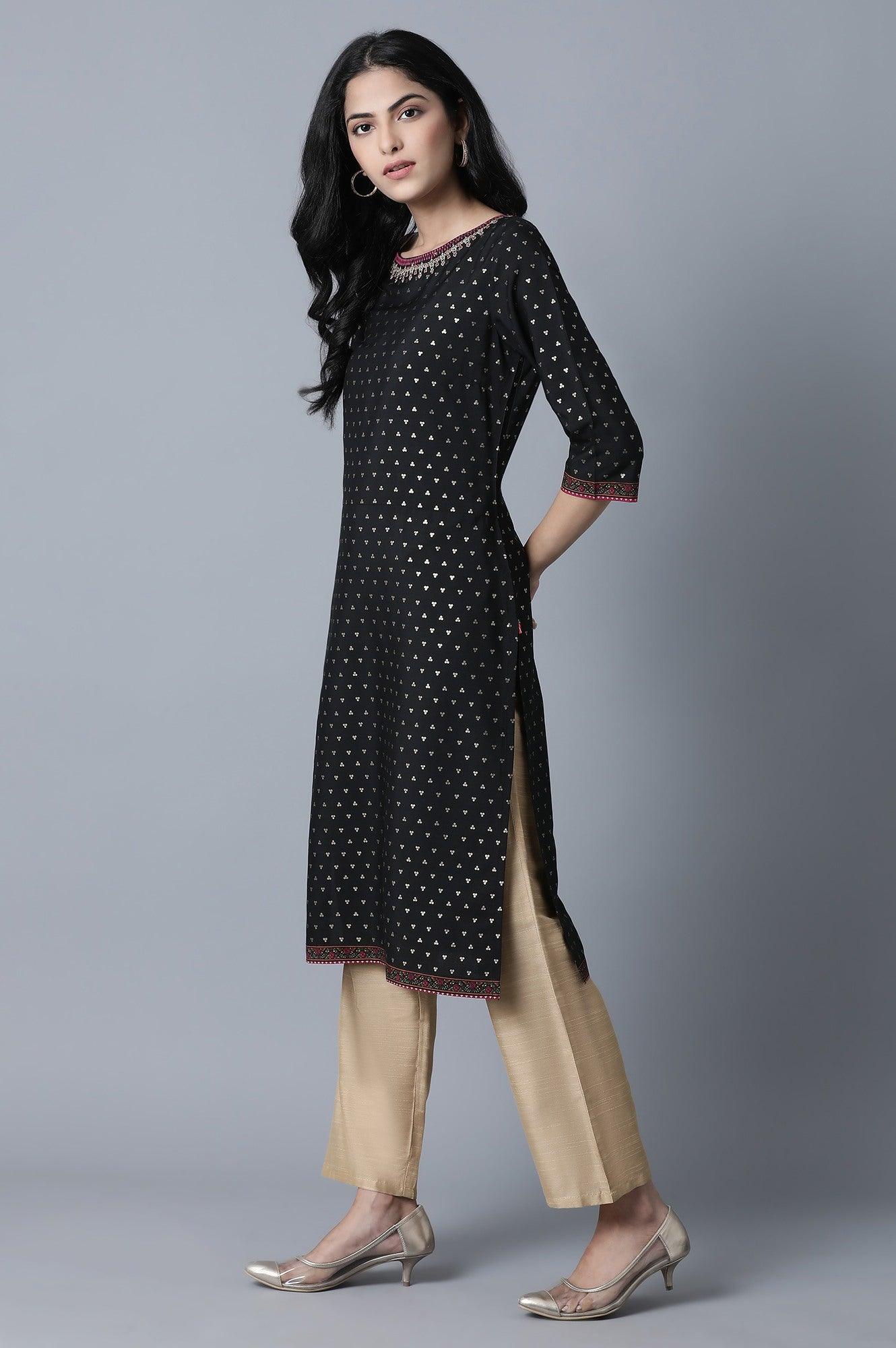 Black Polka Dot Print kurta in Round Neck with Thread Embroidery - wforwoman