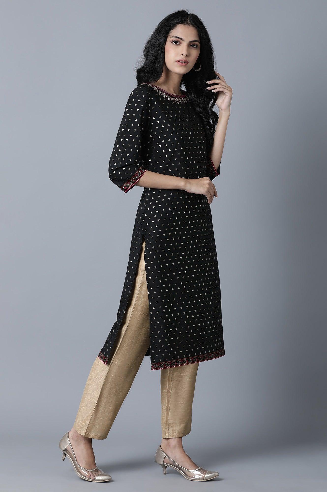 Black Polka Dot Print kurta in Round Neck with Thread Embroidery - wforwoman