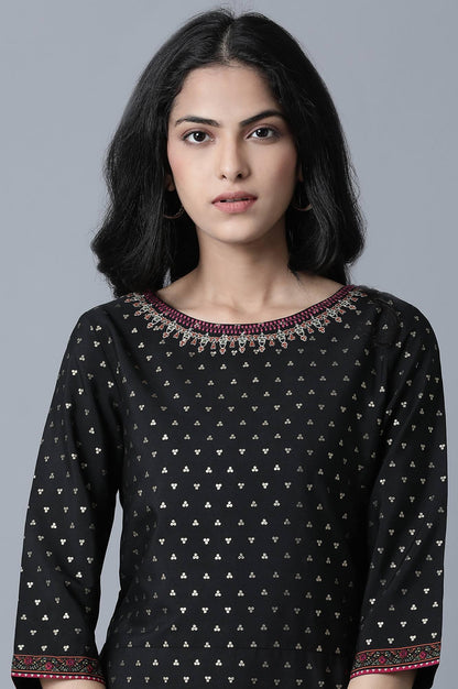 Black Polka Dot Print kurta in Round Neck with Thread Embroidery - wforwoman