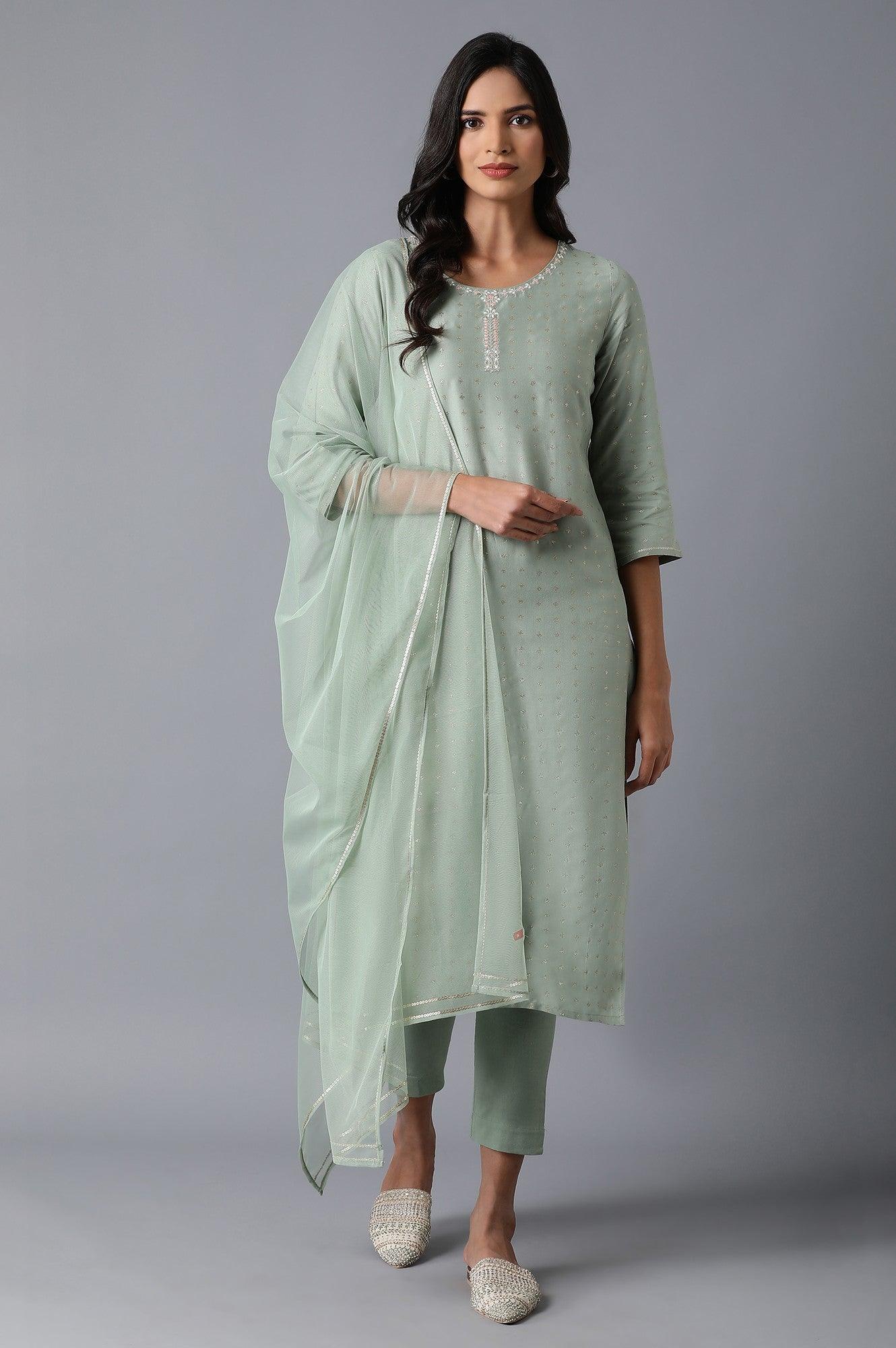 Pale Green Glitter Print kurta in Round Neck with Slim Pants and Dupatta - wforwoman