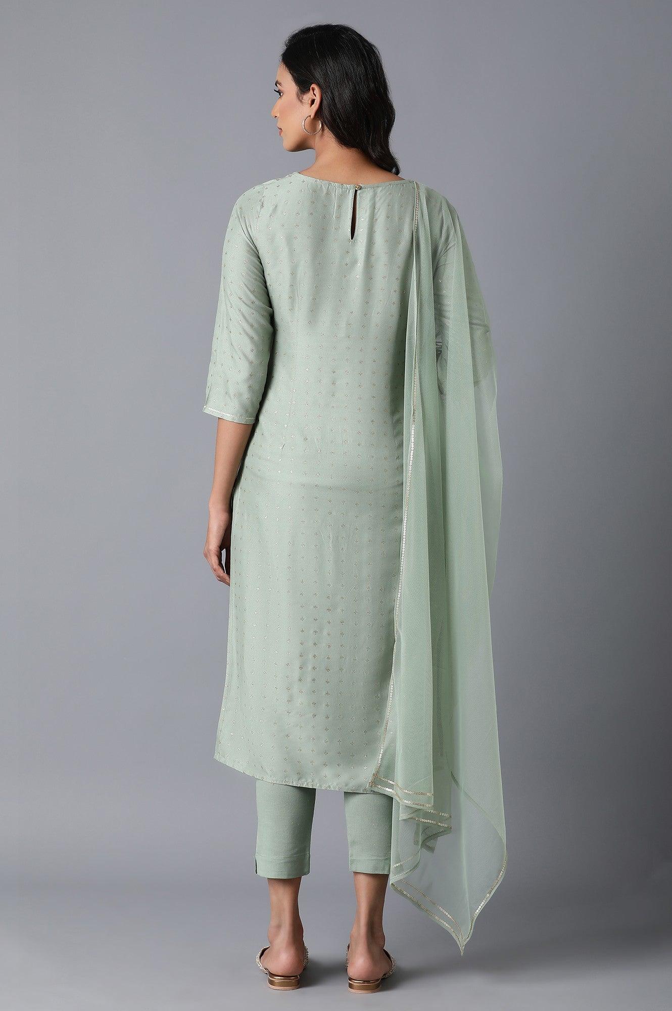 Pale Green Glitter Print kurta in Round Neck with Slim Pants and Dupatta - wforwoman