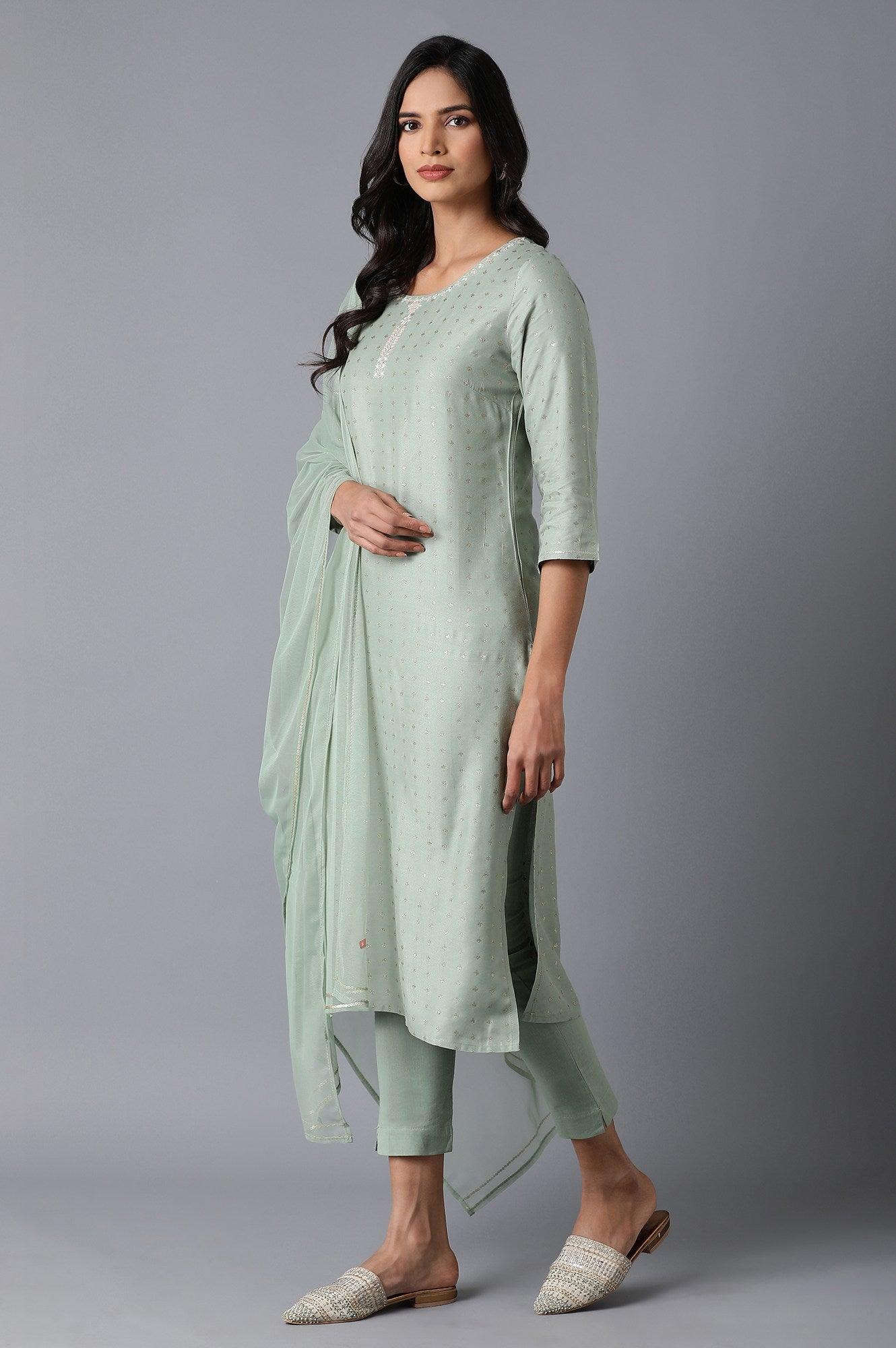 Pale Green Glitter Print kurta in Round Neck with Slim Pants and Dupatta - wforwoman