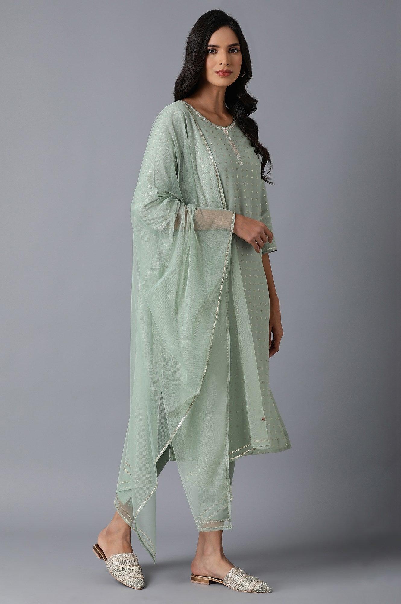 Pale Green Glitter Print kurta in Round Neck with Slim Pants and Dupatta - wforwoman