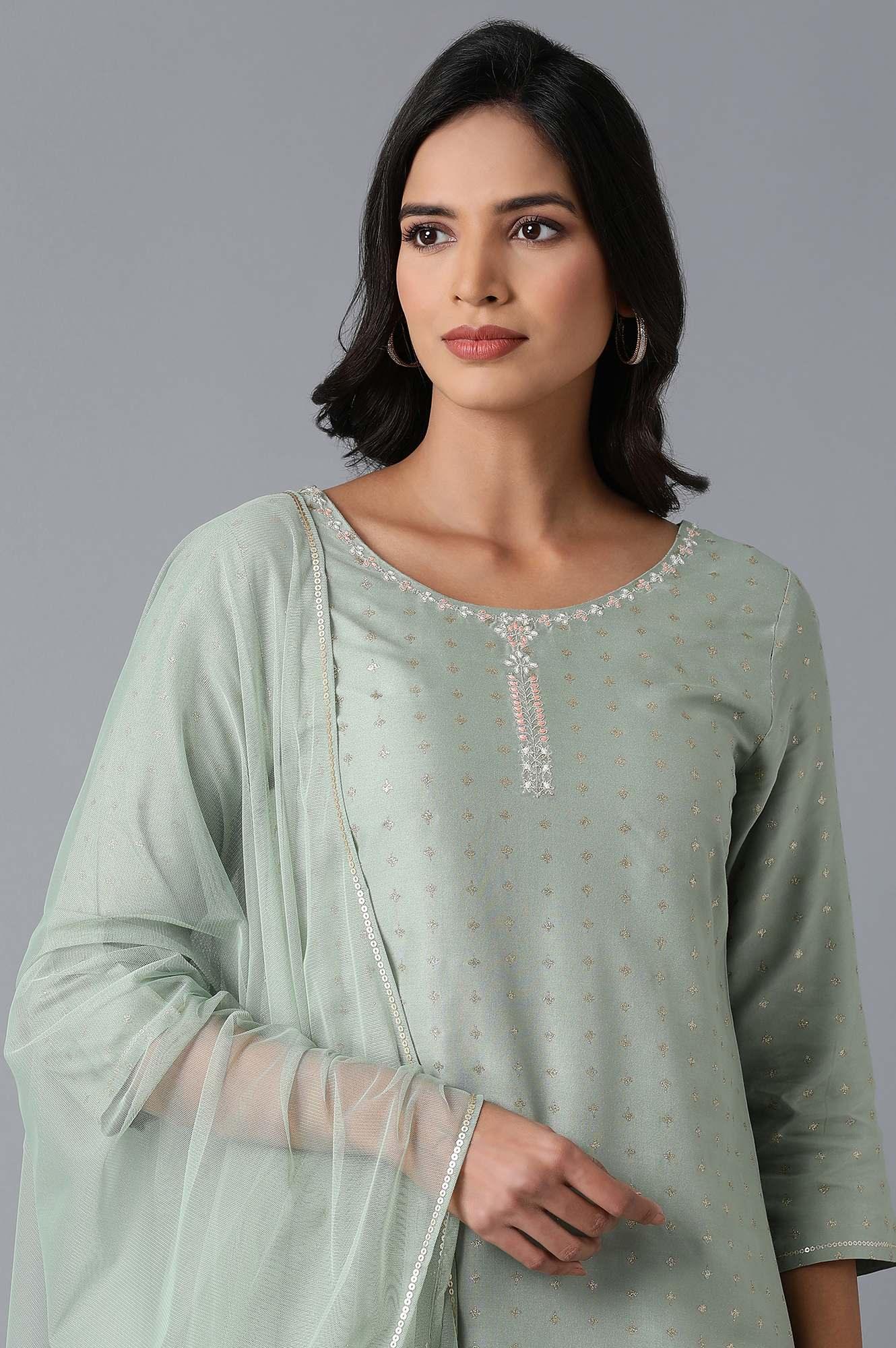 Pale Green Glitter Print kurta in Round Neck with Slim Pants and Dupatta - wforwoman