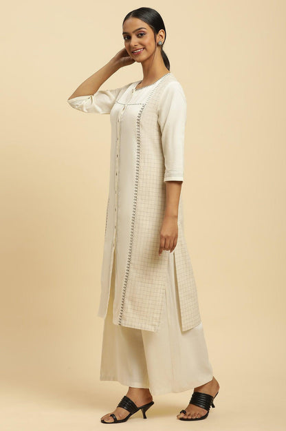 Off White Thread Embroidered And Side Stripe Kurta And Pants Set - wforwoman