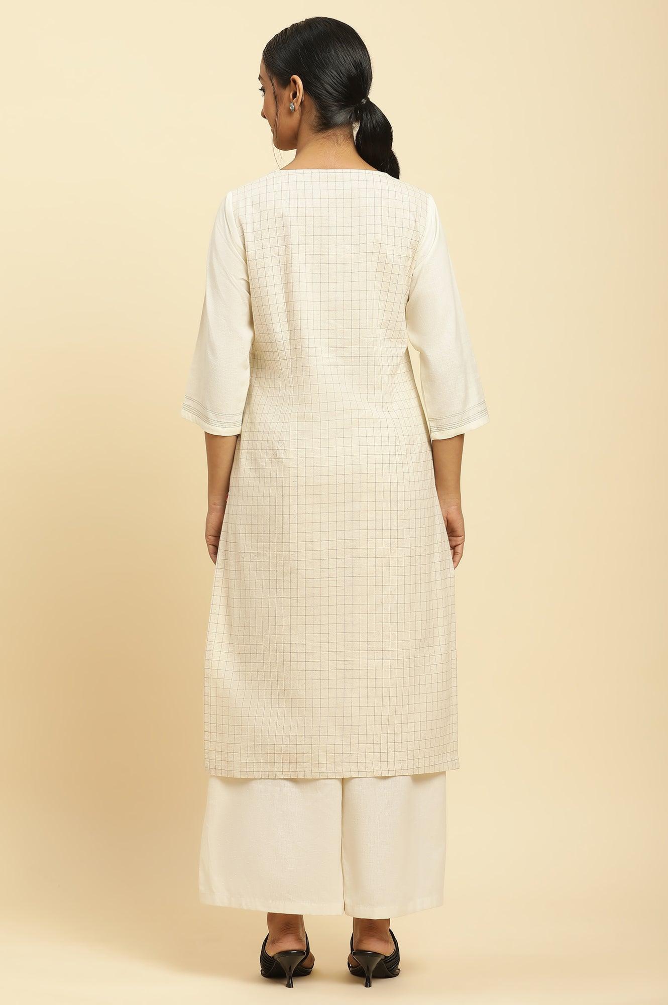 Off White Thread Embroidered And Side Stripe Kurta And Pants Set - wforwoman