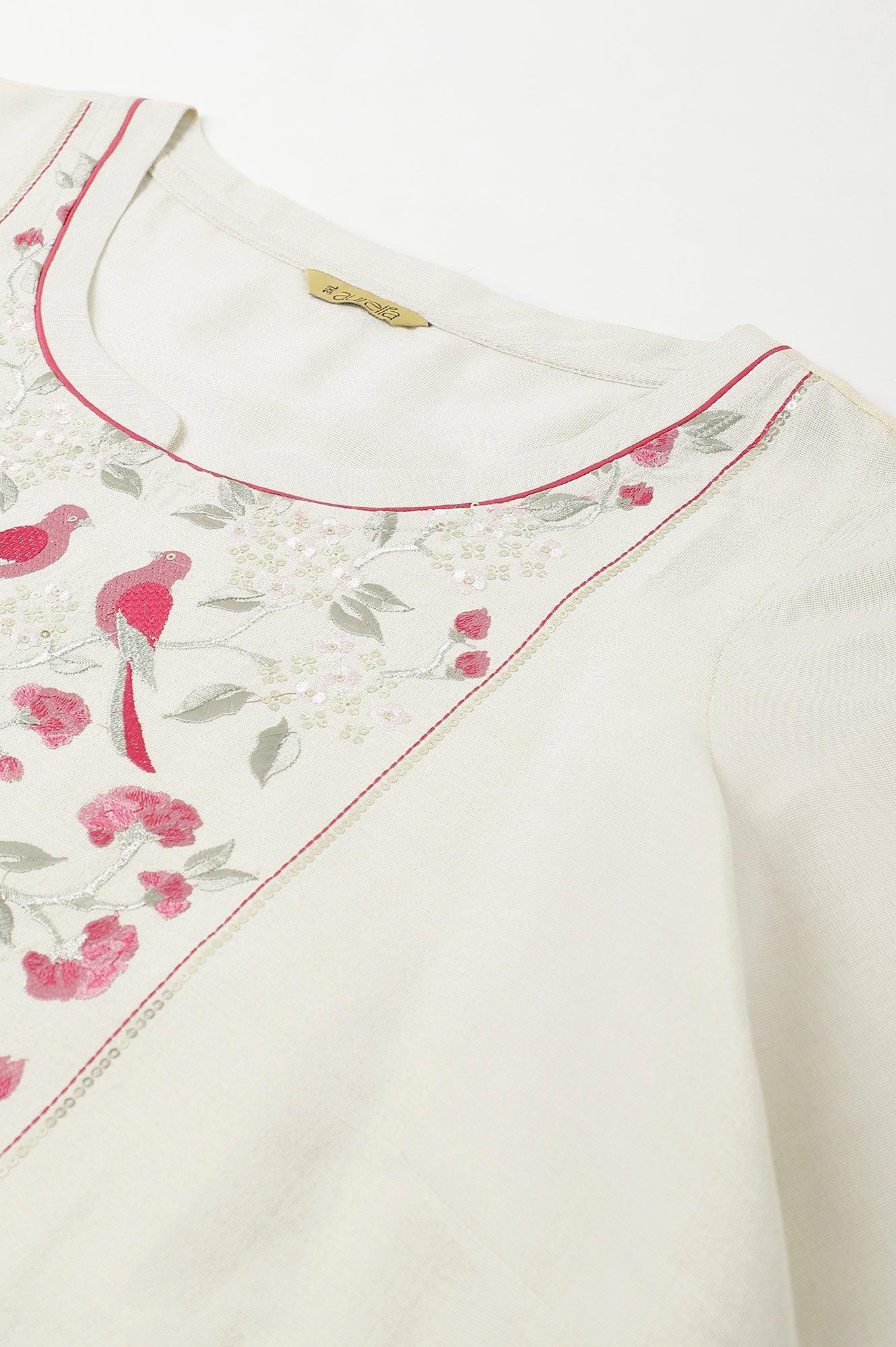 Off White Zari Embroidered Cotton Dobby Plus Size kurta - wforwoman