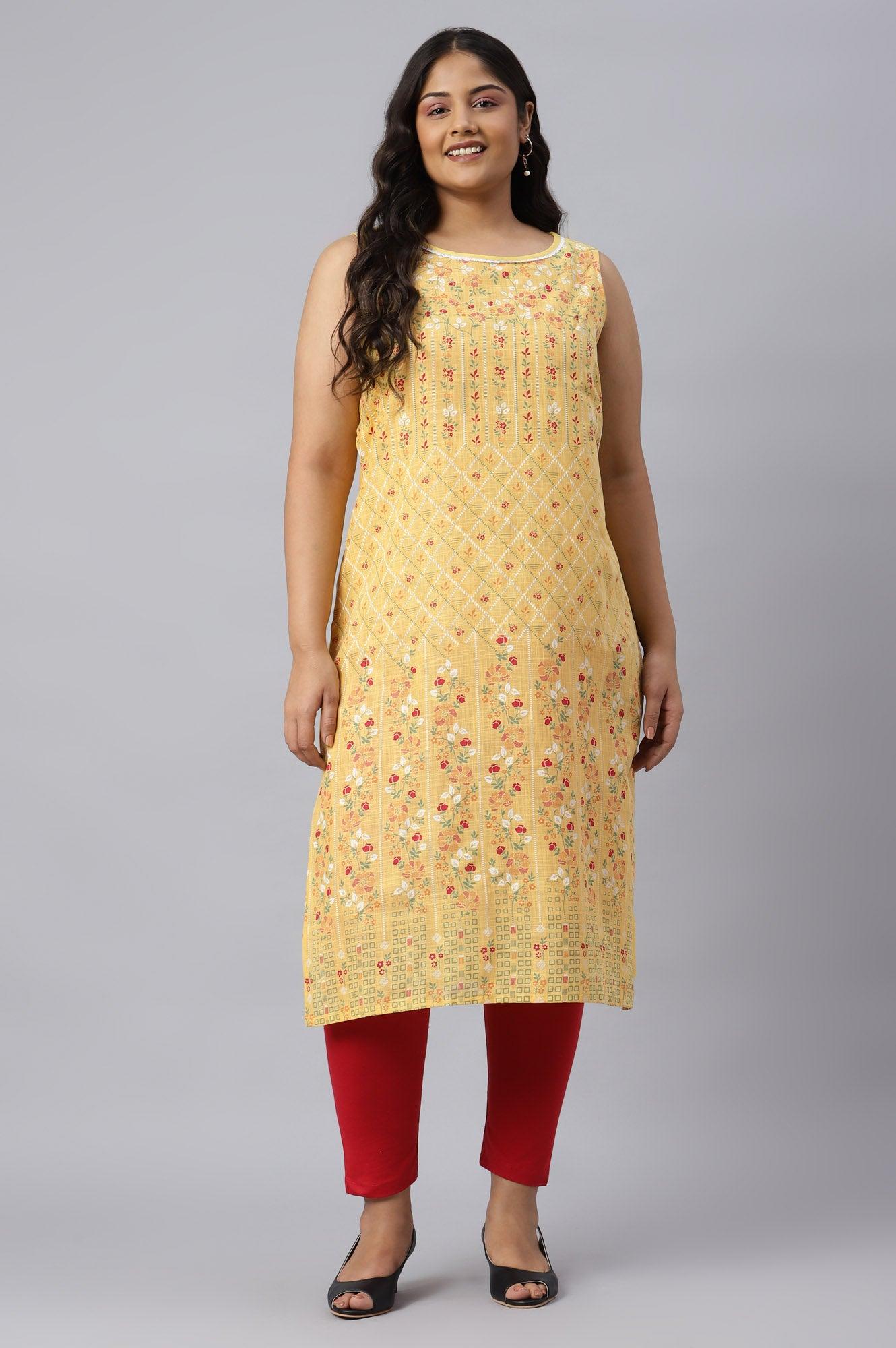 Yellow Cotton Sleeveless Plus Size kurta - wforwoman