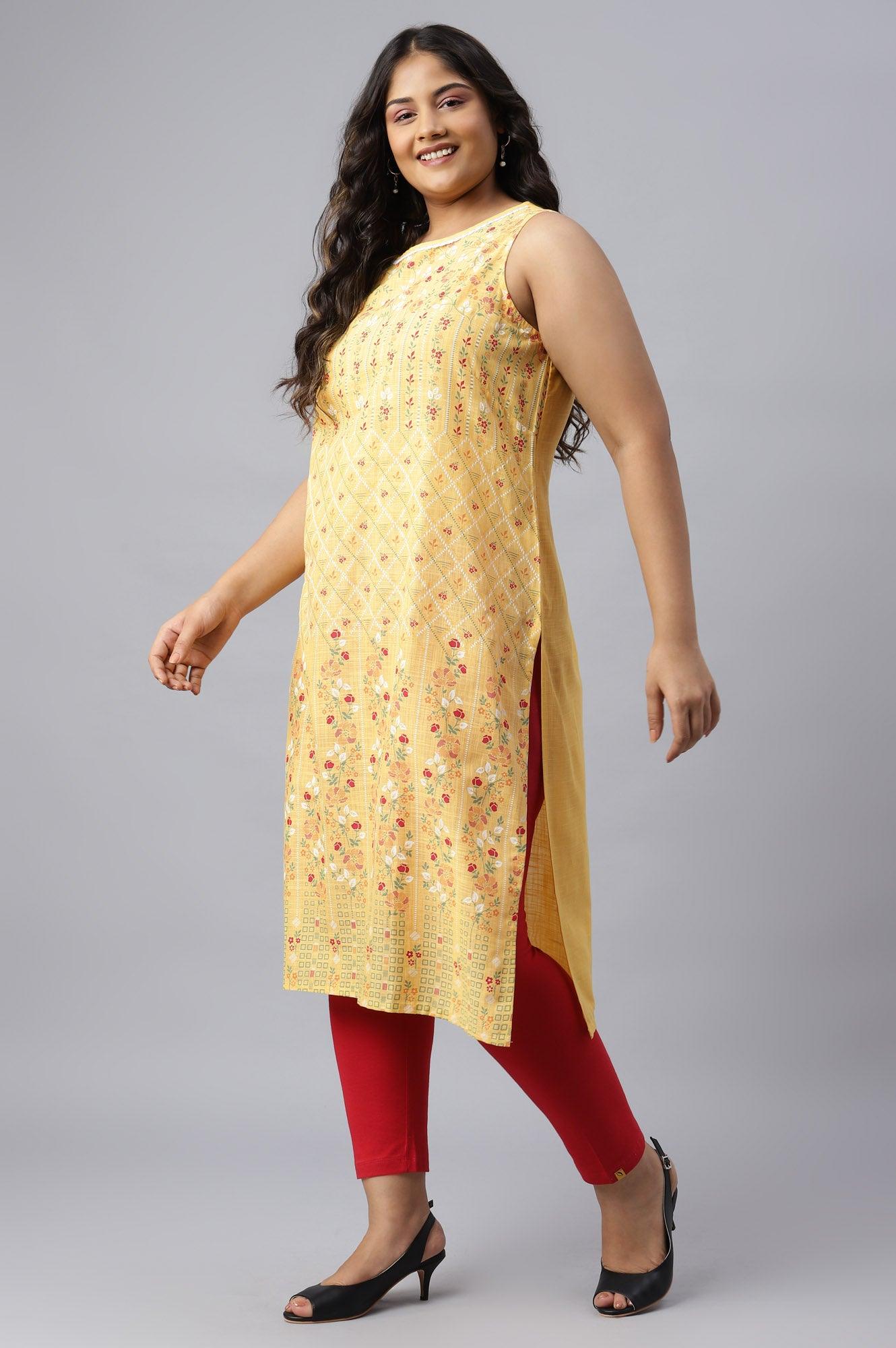 Yellow Cotton Sleeveless Plus Size kurta - wforwoman