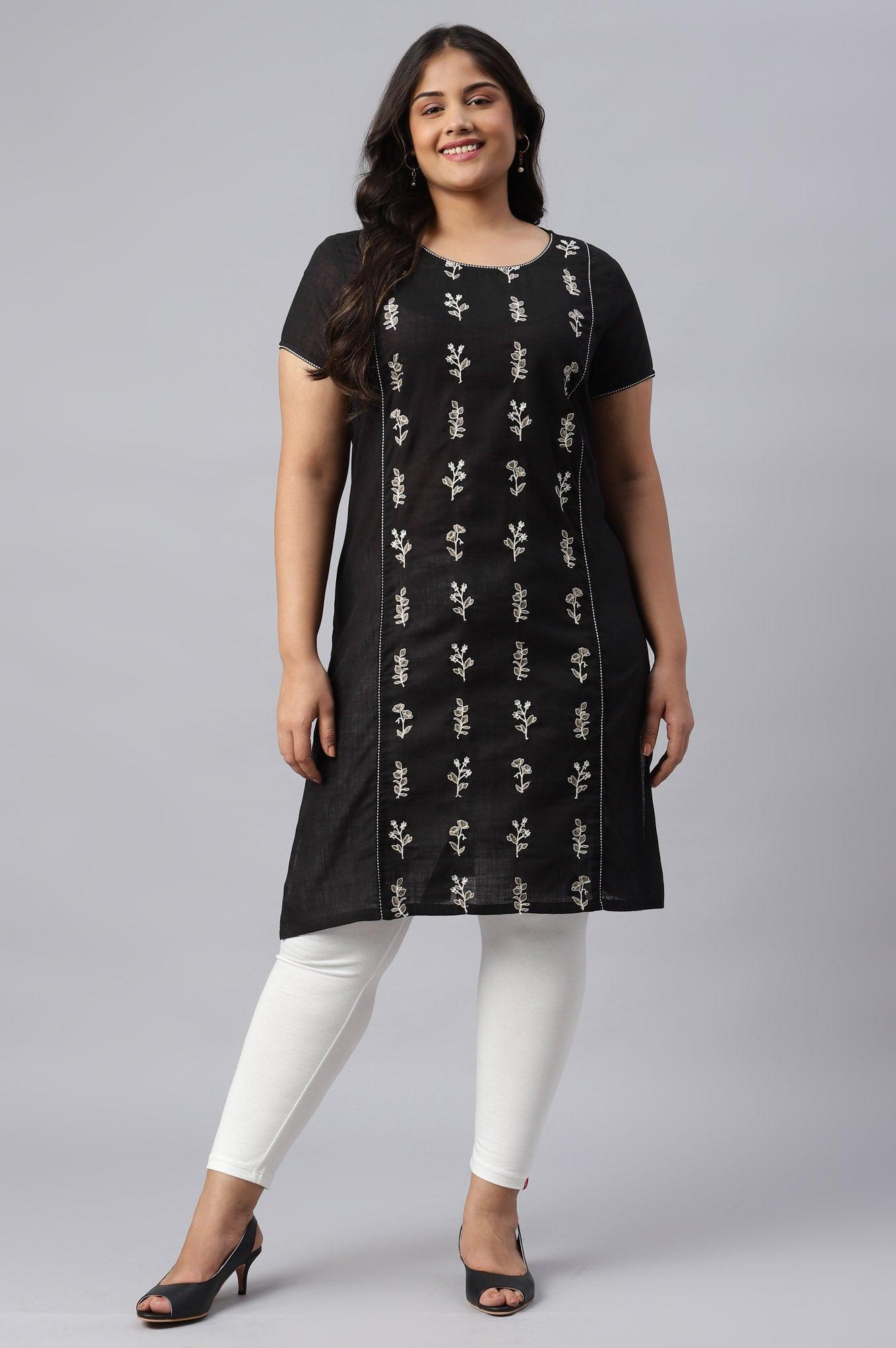 Black Cotton Embroidered Plus Size kurta - wforwoman