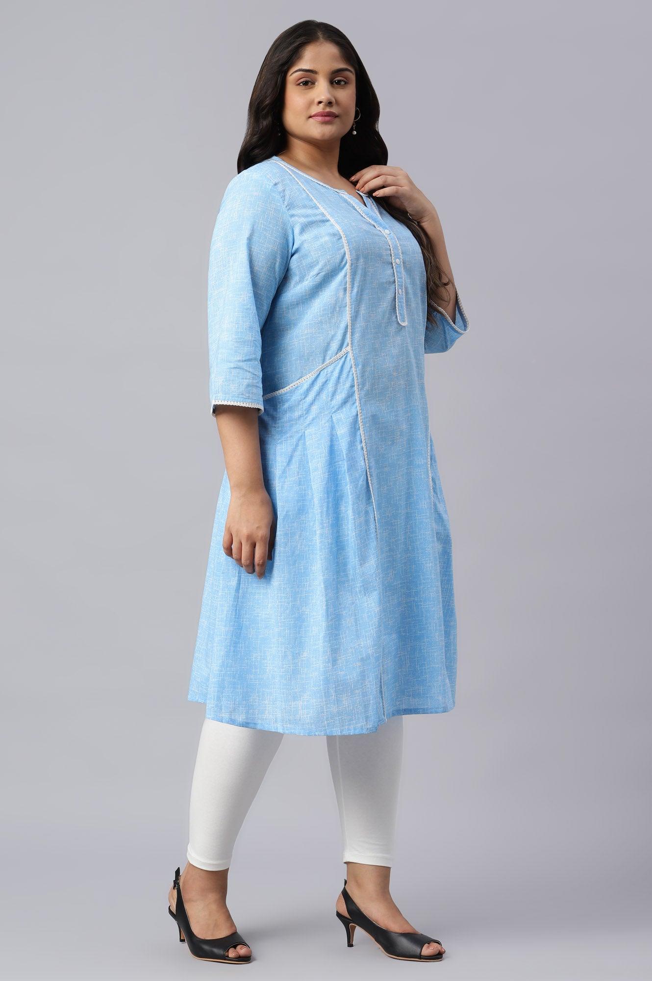 Blue Panelled Cotton Plus Size kurta - wforwoman